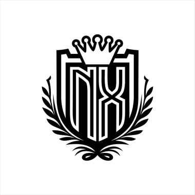 NX Harf logosu kraliyet kalkanı şeklinde, beyaz arkaplan şablonu üzerinde vintage kalkan