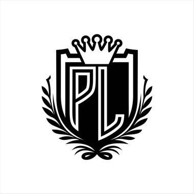 PL Letter logosu kraliyet kalkanı şeklinde, beyaz arkaplan şablonu üzerinde vintage kalkan