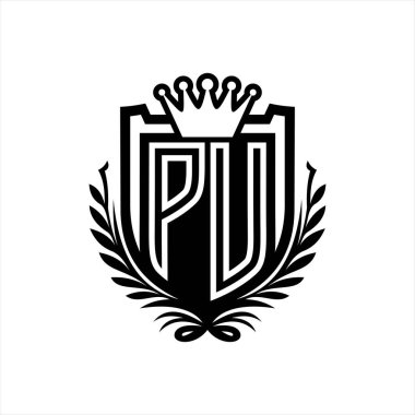 PU Letter logosu kraliyet kalkanı şeklinde, beyaz arka plan şablonu üzerinde vintage kalkan