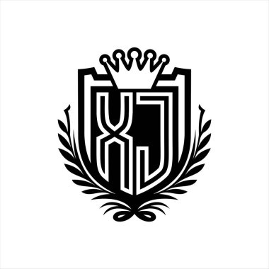 XJ Letter logosu kraliyet kalkanı şeklinde, beyaz arkaplan şablonu üzerinde vintage kalkan