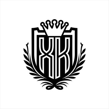XK Letter logosu kraliyet kalkanı şeklinde, beyaz arkaplan şablonu üzerinde vintage kalkan