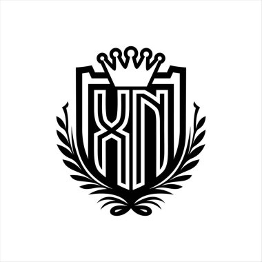 XN Letter logosu kraliyet kalkanı şekilli, beyaz arkaplan şablonunda vintage kalkan