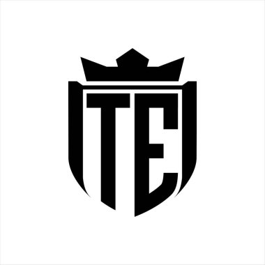 TE Harfi logosu beyaz arkaplan şablonu üzerinde kalkan şeklindeki rozet taçlandırması