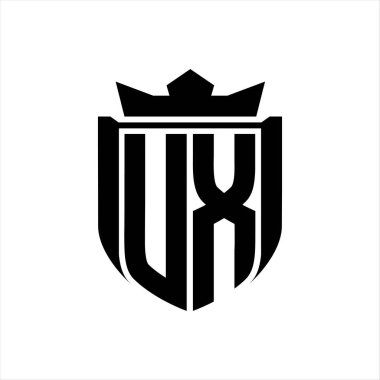 Beyaz arkaplan şablonunda kalkan şeklindeki UX Harf logosu rozet kaplaması