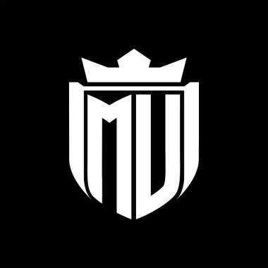 Siyah arkaplan şablonunda kalkan şeklindeki MU Letter logosu.