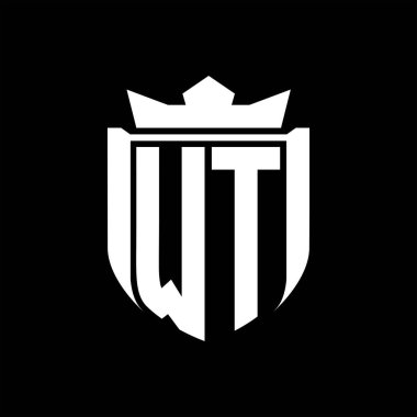 WT Letter logosu, kalkan şeklindeki siyah arkaplan şablonu dizaynında rozet kaplaması.