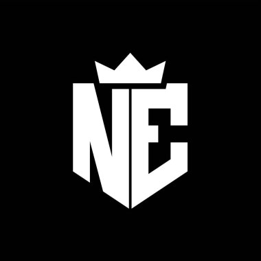 Keskin geometrik tarzda sivri uçlu ve kalın yazı tipi olan bir kalkanın NE logo vektör görüntüsü