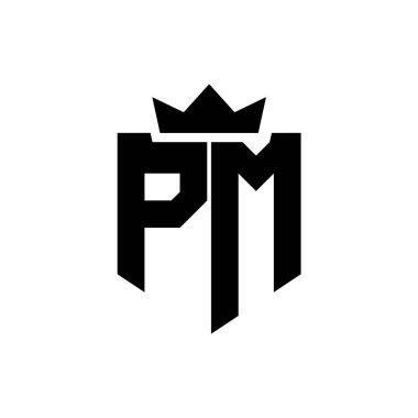 Sivri uçlu ve kalın yazı tipi olan keskin geometrik tarzda bir kalkanın PM logo vektör görüntüsü