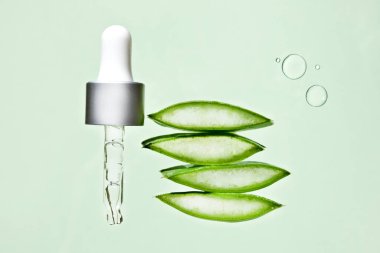 Pipette ve yeşil arka planda taze aloe vera. Düz yatış, metin için yer.