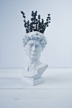 Beyaz arka planda bir demet lavanta ile David 'in kafasının alçı büstü. Yan görünüm, dikey görüntü.