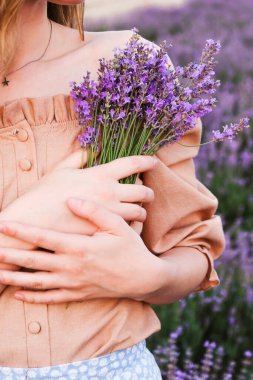 Genç bir kız bir yaz akşamında lavanta tarlasında taze lavanta buketi tutuyor. Dikey resim.