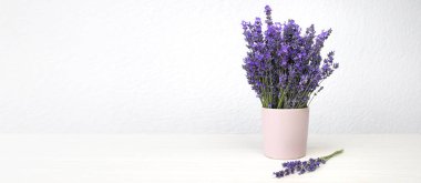 Beyaz bir duvara karşı pembe bardakta taze doğal lavanta. Yan görünüm, metin için yer, pankart.