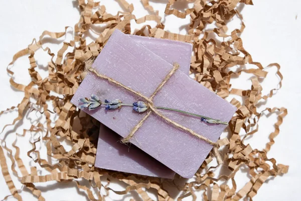 Handmade Lavender Soap Branch Dried Natural Lavender White Background Close — Stock Photo, Image