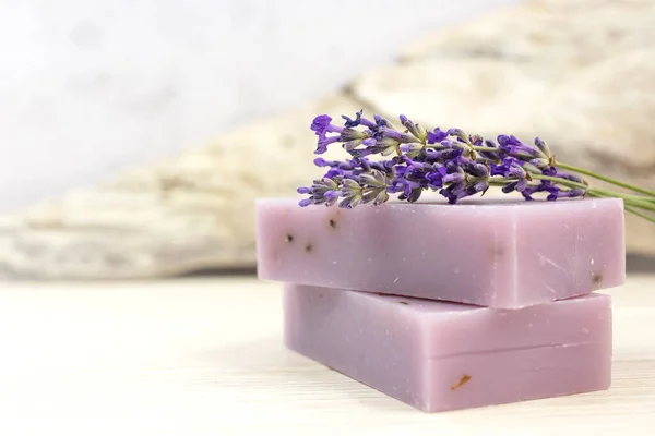 Handmade Lavender Soap Natural Fresh Lavender Flowers Gray Background Side — Stock Photo, Image
