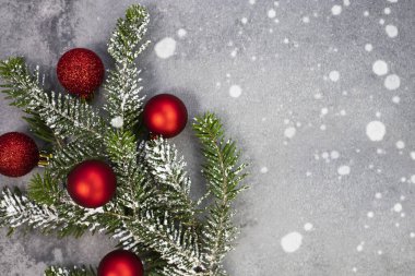 Noel kompozisyonu. Kırmızı topları gri arka planda olan dallar. Düz yatış, metin için yer.