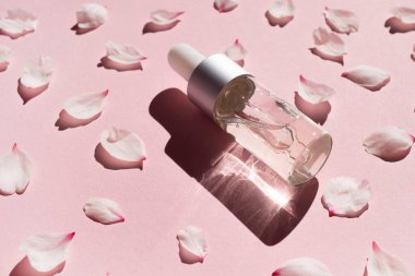 Yaprakların arasında pembe bir zemin üzerinde kozmetik sıvısı bulunan bir damla kavanozunun gölgesi var. Yan görünüm, metin için boşluk.