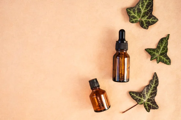 Glass dropper bottles with cosmetic product and natural ivy leaves. Naturopathy, alternative medicine, organic cosmetics. Top view, place for text.