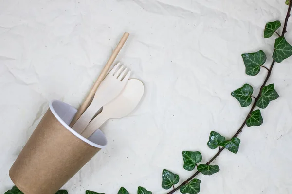 Disposable bamboo cutlery in disposable paper cups on canvas background and natural ivy branch.