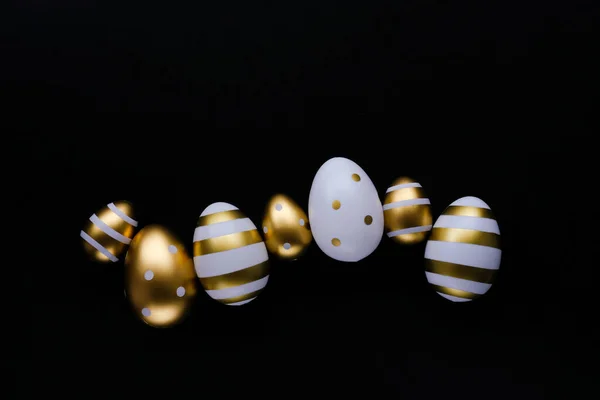 Easter Banner Golden Eggs Row Black Background Minimal Concept Flat — Stock Photo, Image