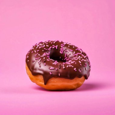 Chocolate-covered donut on a pink background. clipart