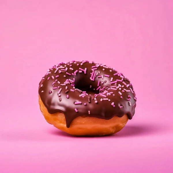 Pembe arka planda çikolata kaplı donut..