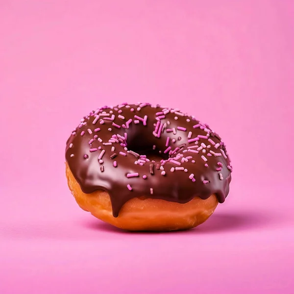 Pembe Arka Planda Çikolata Kaplı Donut Telifsiz Stok Fotoğraflar
