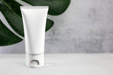 Kozmetik ürün için beyaz plastik ambalaj ve açık gri arka planda doğal bir bitkinin yeşil yaprağı. Yan görünüm, metin için boşluk.