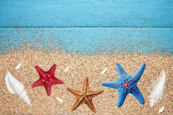 Summer Background Starfish Sand Blue Wooden Background Top View Place — Stock Photo, Image