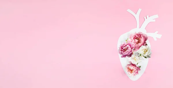 Anatomiskt Papper Hjärta Med Naturliga Naturliga Blommor Rosa Papper Bakgrund — Stockfoto