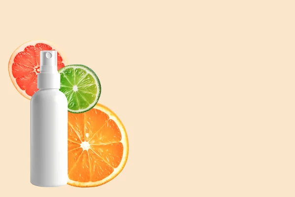 Mockup tube of facial cream or peeling with orange fruit, vitamin C skincare cosmetics.
