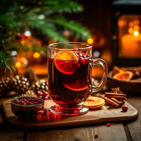 A cup of hot mulled wine, oranges and cinnamon sticks on a wooden table.