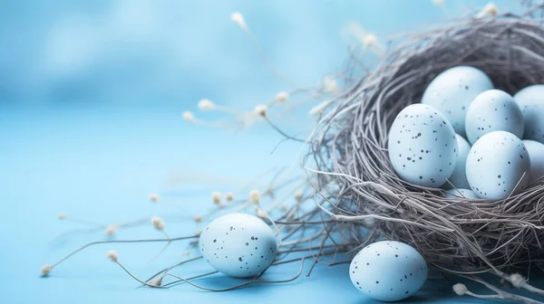 Açık Mavi Arka Planda Yuvada Renkli Paskalya Yumurtaları Paskalya Kompozisyonu Stok Resim
