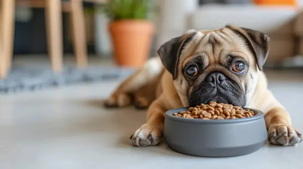 Yemek odasında, bir kase kuru köpek mamasının yanında oturan sevimli bir pug cinsi köpeğin portresi..