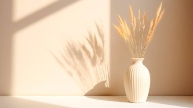 Bej bir duvara karşı vazoda bir buket kuru pampa otu. Metin için alanı olan tek renkli resim.