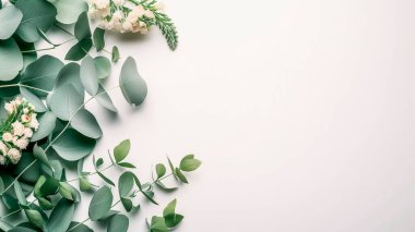 Dekoratif tebrik kartı, davetiye geçmişi, doğum günü ya da düğün dekorasyonu. Hafif arka planda okaliptüs dalları. Üst görünüm, metin için boşluk.