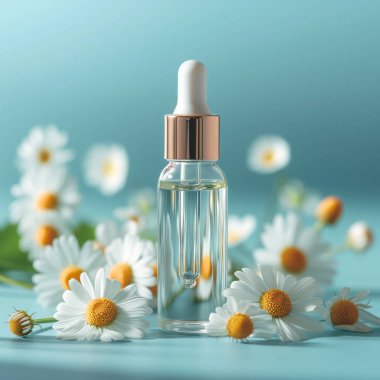 Mavi arka planda kozmetik yağı ve papatya olan bir şişe..