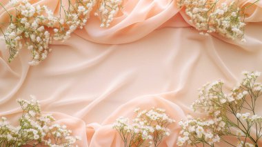 Hafif arka planda beyaz narin çiçeklerden oluşan çiçek çerçevesi. Düğün konsepti. Metin için yer.