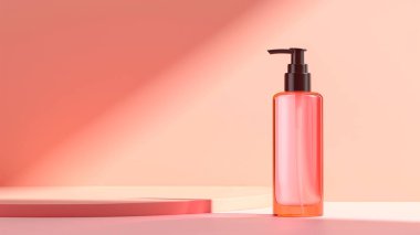 Açık pembe arka planda kozmetik sprey ve bitki dallarının maketi.