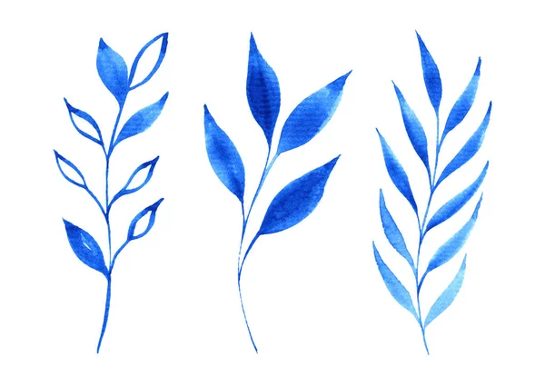 Sada Ručně Malované Akvarel Modré Listy Větve Izolované Bílé Dekorační — Stock fotografie