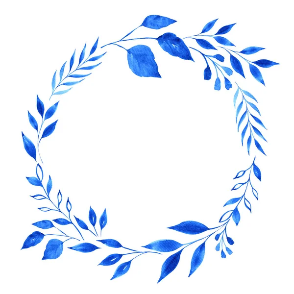 Акварельный Венок Голубых Листьев Ветвей Ручная Расписка Ботанической Композиции Синий — стоковое фото