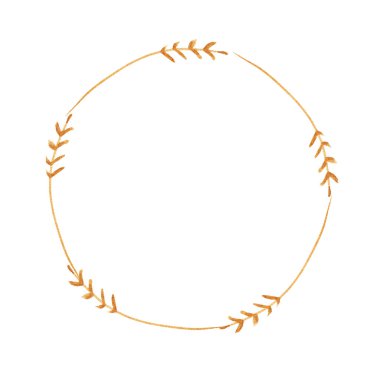 Altın yapraklardan ve dallardan oluşan lüks bir çelenk. Altın metalik suluboya ile elle boyanmış botanik kompozisyon. Beyazda izole edilmiş. Kartlar ve davetiyeler için mükemmel.