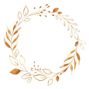 Altın yapraklardan ve dallardan oluşan lüks bir çelenk. Altın metalik suluboya ile elle boyanmış botanik kompozisyon. Beyazda izole edilmiş. Kartlar ve davetiyeler için mükemmel.