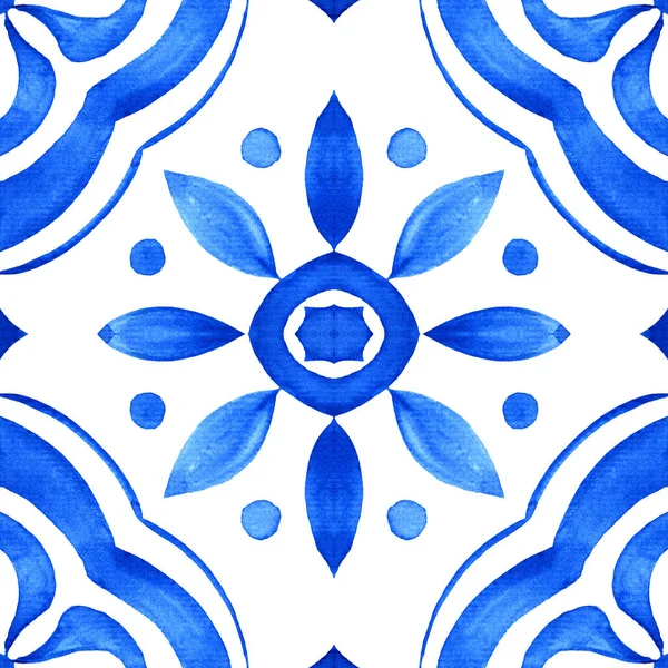 Portuguese Azulejo Tile Blue White Gorgeous Seamless Pattern Hand Painted — Stock fotografie