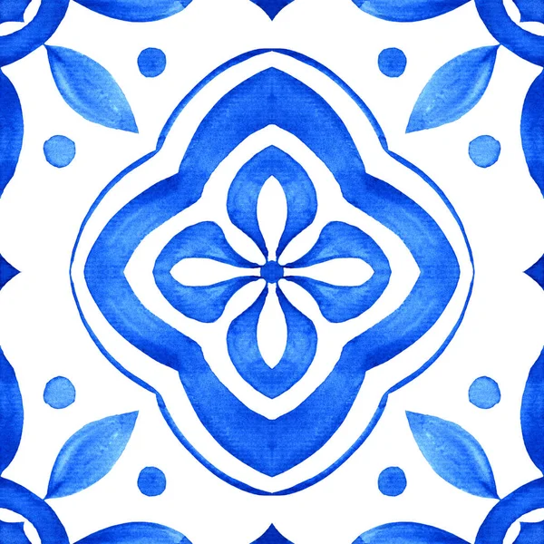 Portuguese Azulejo Tile Blue White Gorgeous Seamless Pattern Hand Painted — Fotografia de Stock
