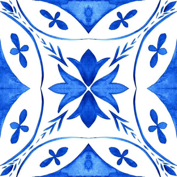 Portuguese Azulejo Tile Blue White Gorgeous Seamless Pattern Hand Painted — 스톡 사진