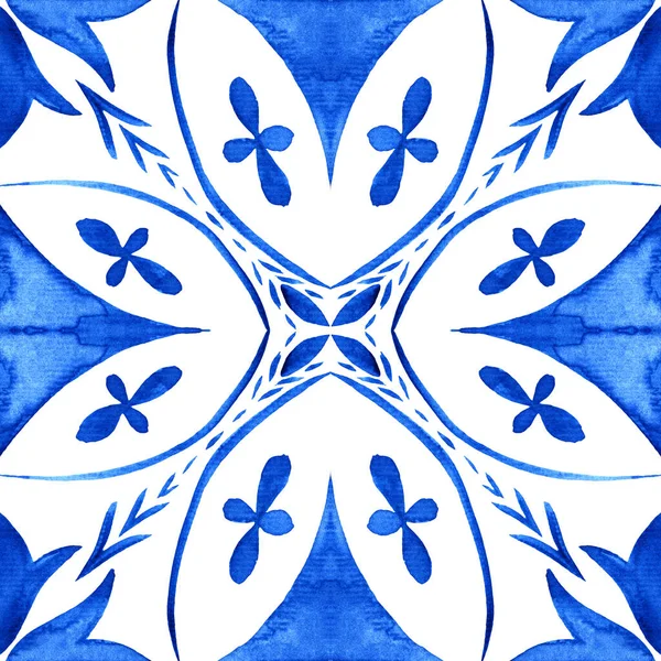 Portuguese Azulejo Tile Blue White Gorgeous Seamless Pattern Hand Painted — Zdjęcie stockowe