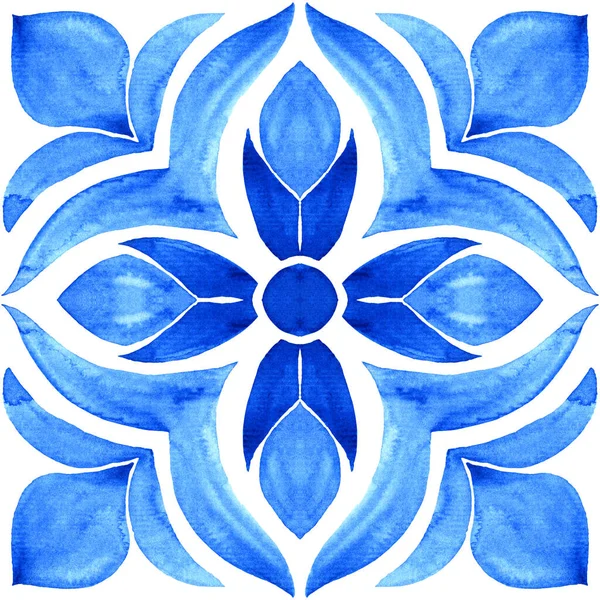 Португальська Плитка Азулежу Блакитний Білий Розкішний Безшовний Візерунок Приклад Аквареллю — стокове фото