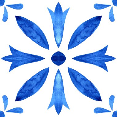 Portekiz azulejo fayansı. Mavi ve beyaz, kusursuz bir desen. Elle boyanmış suluboya. Akıllı telefonlar için duvar kâğıdı koleksiyonu yapmak için web arka plan baskı yüzey dokusu yastık havlular çarşaf