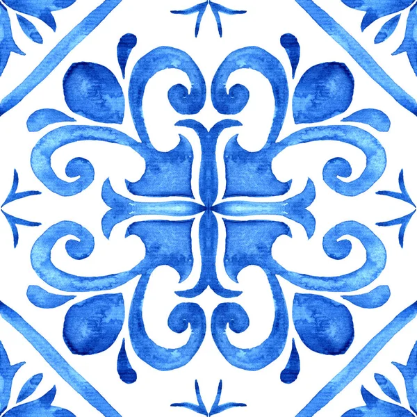 Portuguese Azulejo Tile Blue White Gorgeous Seamless Pattern Hand Painted — Stock Photo, Image