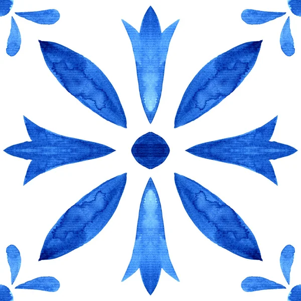 Portugalska Płytka Azulejo Niebieski Biały Wspaniały Bezszwowy Wzór Ręcznie Malowany — Zdjęcie stockowe